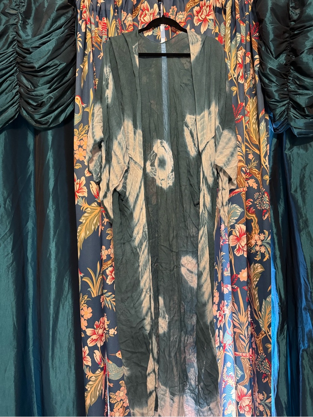 Free People Blue & White Tie Dye Open-Front Kimono Trench One Size